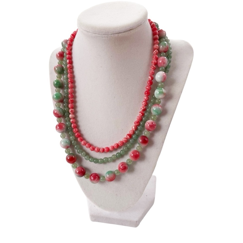 Jade and Coral Three Strand Round Bead Necklace